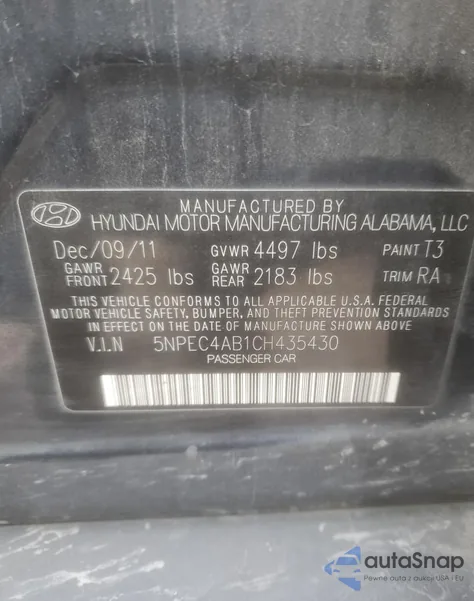 2012 Hyundai Sonata Se из США, поврежденный, VIN 5NPEC4AB1CH435430